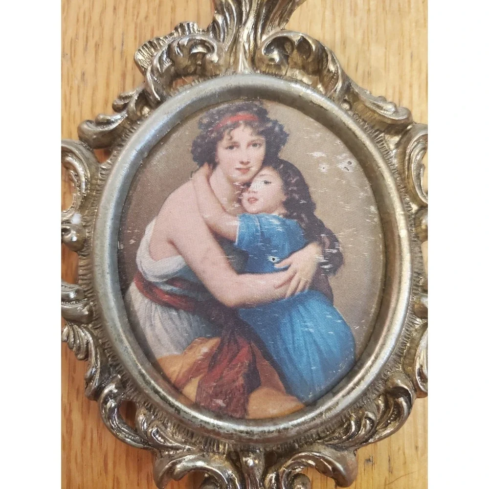 Victorian Ornate Brass Metal Frame Italian Silk Art Picture Mother & Child 6.5''